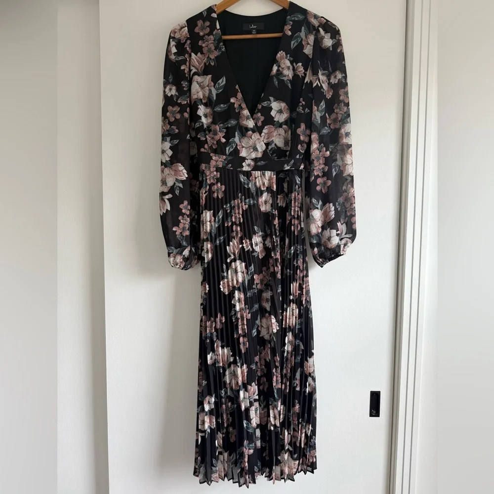 Lulu's Blooming Whimsy Black Floral Pleated Midi Wrap Dress - Picture 13 of 14